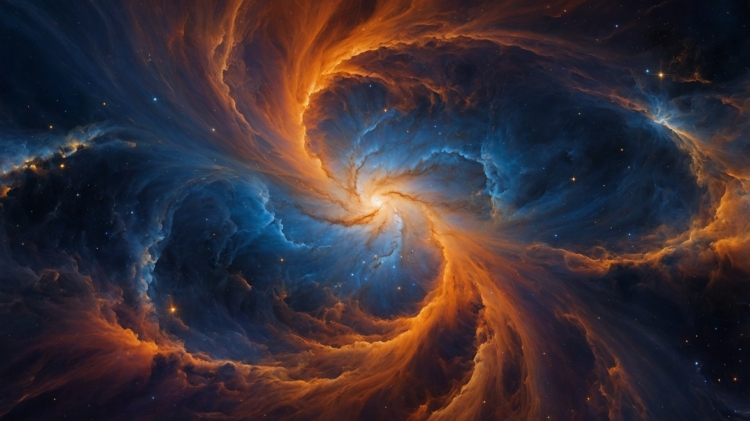 A stunning cosmic spiral nebula with swirling clouds of glowing orange and blue gases in deep space