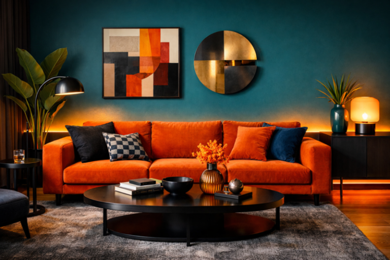 Contemporary living room featuring a bright orange sofa against a teal wall, decorated with abstract artwork and modern accessories