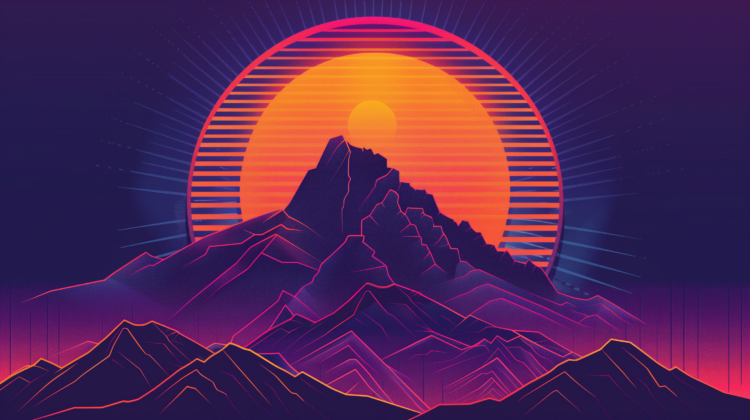 Digital neon-style mountain range with a large orange sun and radiant lines on dark purple background