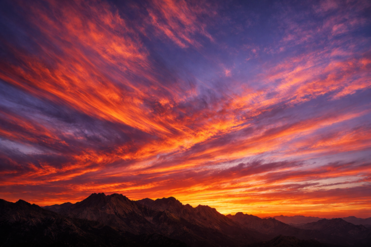 A vibrant sunset sky with fiery orange and purple clouds over a rugged mountain range silhouette.
