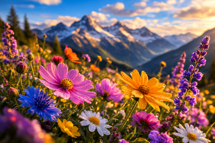 Colorful wildflowers covered in dew with snow-capped mountains and golden sunrise under a partly cloudy sky.