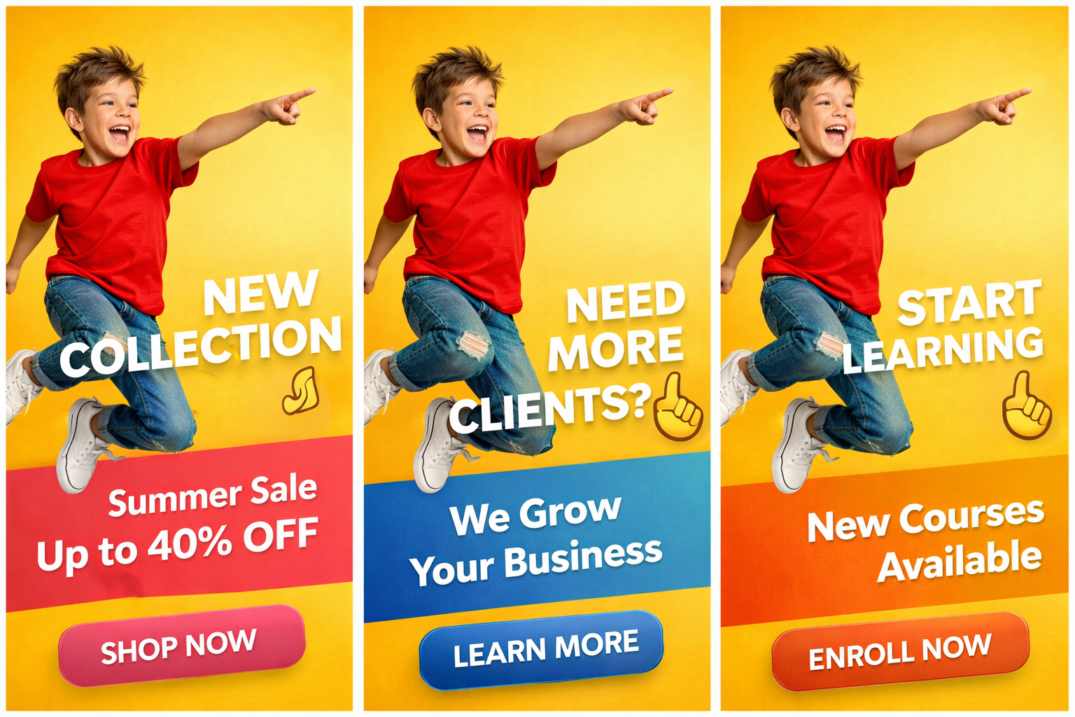Copy space images for ads - Energetic boy jumping with joy on bright yellow backgrounds in three vibrant banners for sales, business growth and educational courses