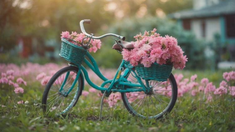 A vintage blue bicycle adorned with vibrant pink flowers in front and back baskets surrounded by a lush green field with pink blossoms