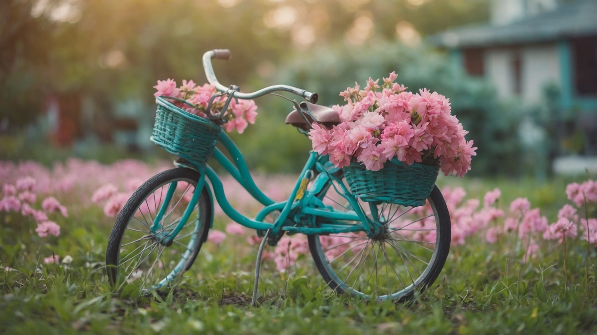 A vintage blue bicycle adorned with vibrant pink flowers in front and back baskets surrounded by a lush green field with pink blossoms