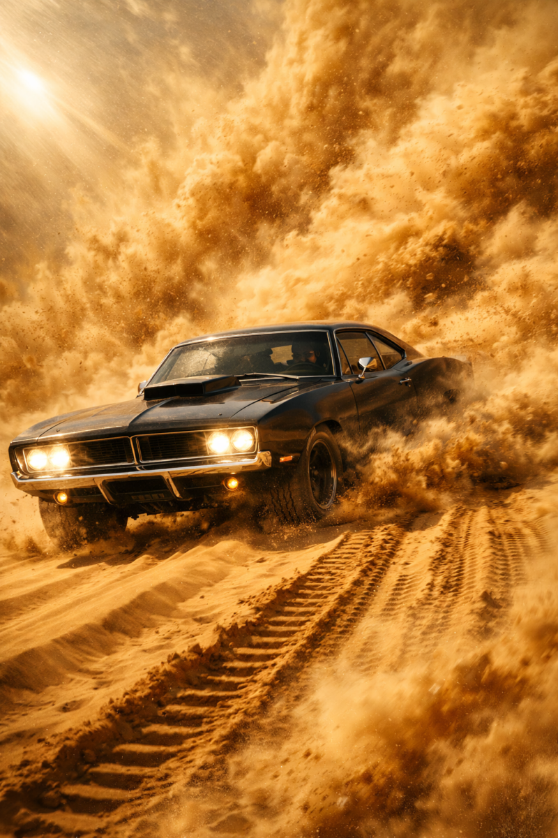 A classic black muscle car driving fast through a sandy desert, kicking up a dramatic cloud of dust and sand with its headlights shining.