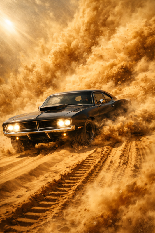 A classic black muscle car driving fast through a sandy desert, kicking up a dramatic cloud of dust and sand with its headlights shining.