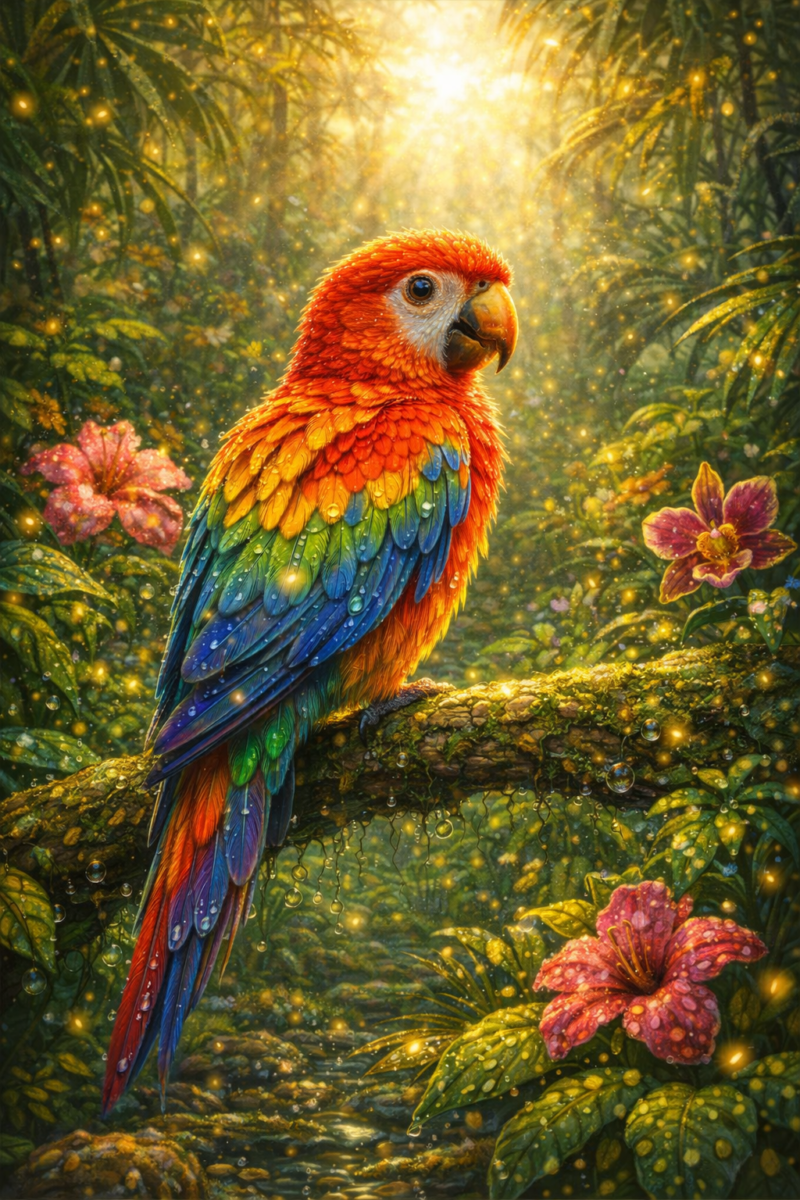 Brightly colored parrot perched on a mossy branch surrounded by lush tropical foliage and glowing golden sunlight.