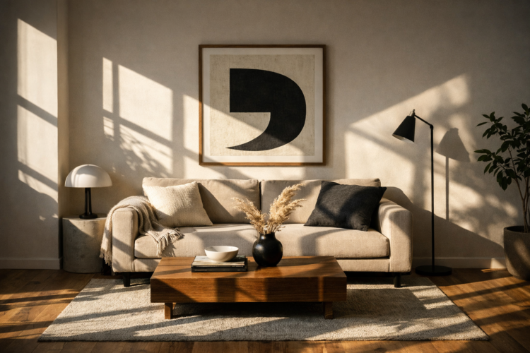 Cozy beige sofa with pillows and throw blanket under abstract wall art, flanked by modern lamps and decor in sunlight