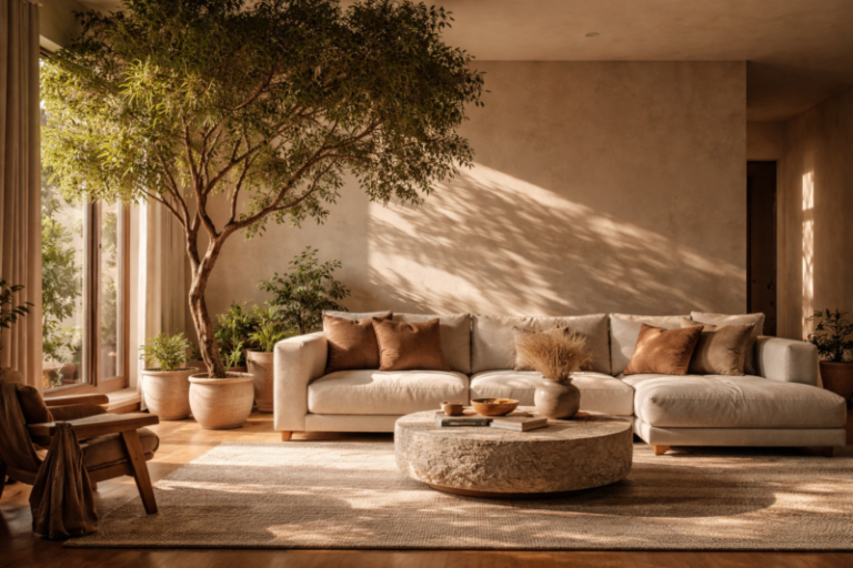 Cozy beige sectional sofa with brown pillows in a warmly lit living room with large indoor plants and textured stone coffee table