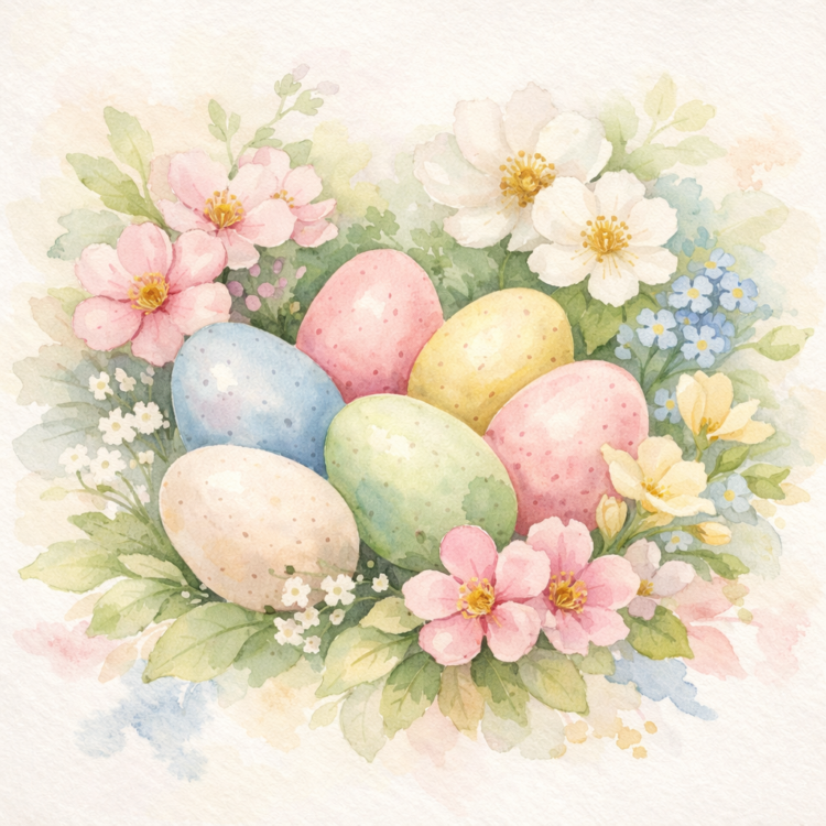 Soft watercolor illustration of pastel-colored Easter eggs nestled among delicate spring flowers and green leaves