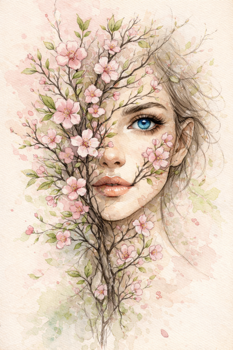 Watercolor painting of a woman with blue eyes intertwined with a delicate branch full of pink blossoms and green leaves