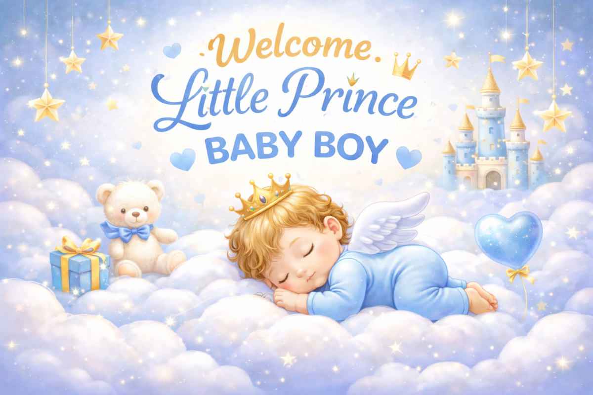 Sleeping baby boy with angel wings and crown on soft clouds with teddy bear, gift, heart balloon and castle background