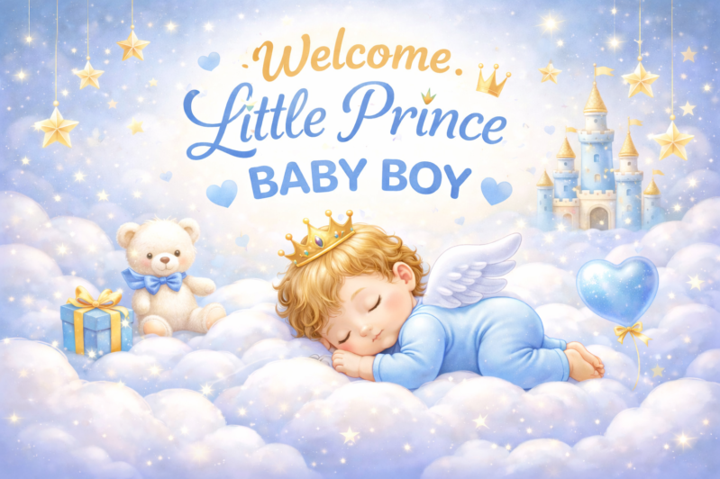 Sleeping baby boy with angel wings and crown on soft clouds with teddy bear, gift, heart balloon and castle background