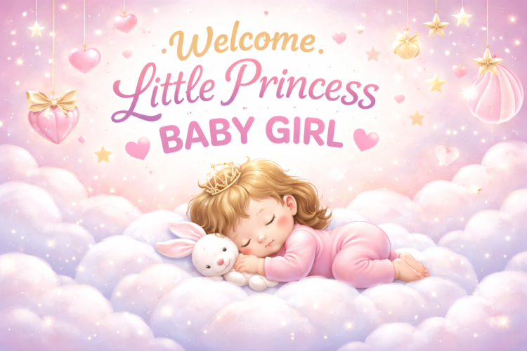 Sleeping baby girl in pink pajamas with crown cuddling a white bunny on fluffy clouds with stars and hearts