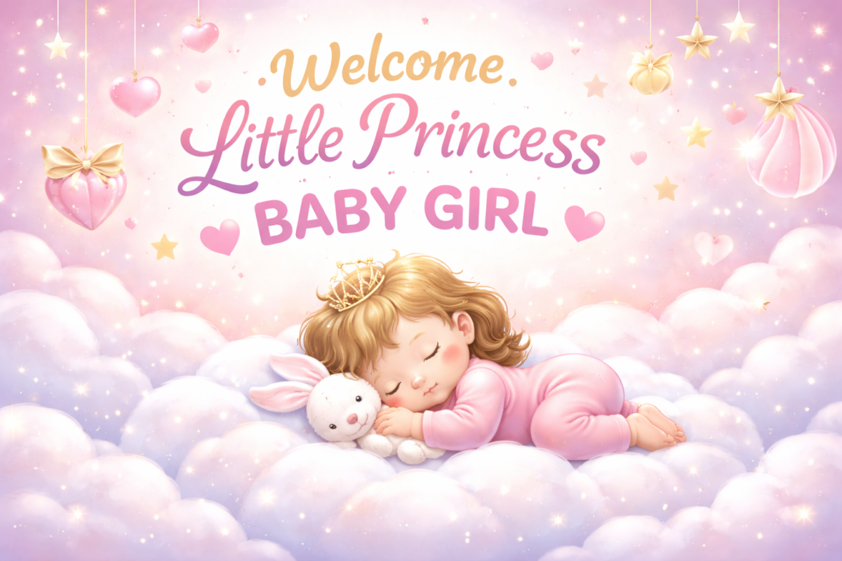 Sleeping baby girl in pink pajamas with crown cuddling a white bunny on fluffy clouds with stars and hearts