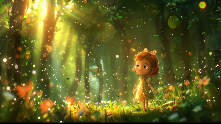 Illustration of a cute child standing in a sunlit forest surrounded by glowing particles and vibrant flowers