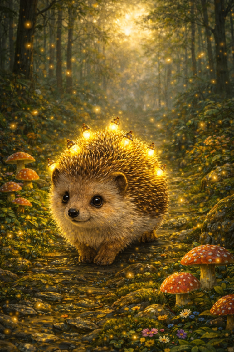 Cute hedgehog with tiny glowing lanterns on its back walking along a forest path surrounded by mushrooms and sparkling lights