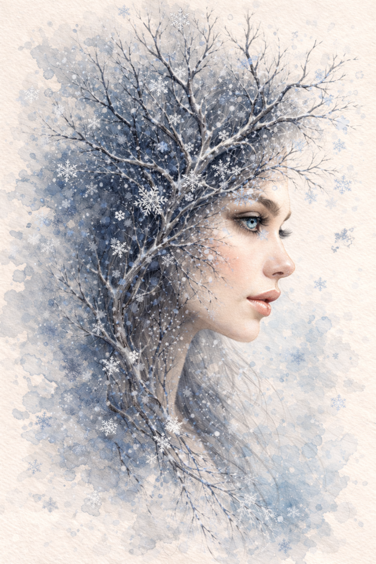 Artistic watercolor portrait of a woman with tree branches and snowflakes blending into her hair in soft blue tones