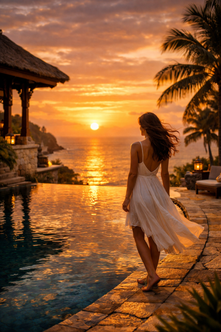 A woman in a flowing white dress stands barefoot on a stone pool edge, overlooking an ocean sunset with orange sky and palm trees