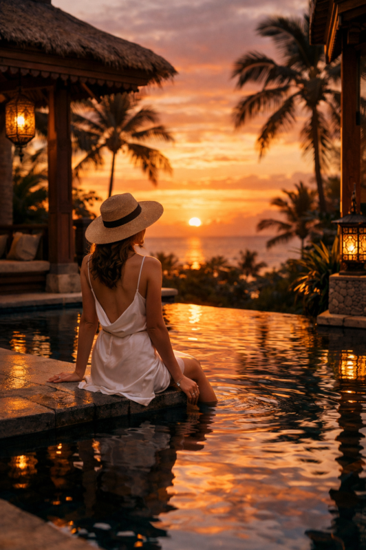 A woman in a white dress and straw hat sitting on the edge of an infinity pool watching a vibrant orange sunset over the ocean with palm trees in the background.