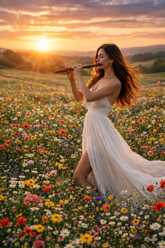 Young woman in a flowing white dress playing a flute while standing in a vibrant, multicolored wildflower field with the sun setting behind hills.