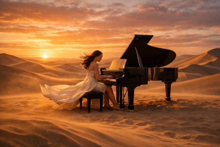 A woman in a flowing gown playing a black grand piano on sandy desert dunes during a golden sunset