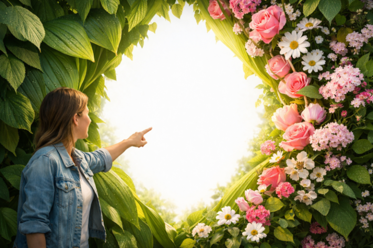 A woman in denim jacket points toward a bright Easter-themed frame surrounded by green leaves and pink flowers