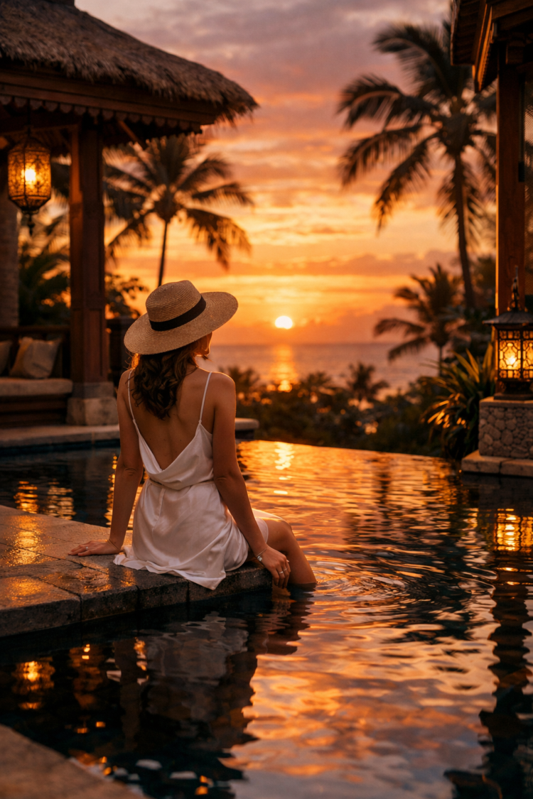 Woman in white dress and hat sitting by the edge of pool watching vibrant tropical sunset over ocean and palm trees