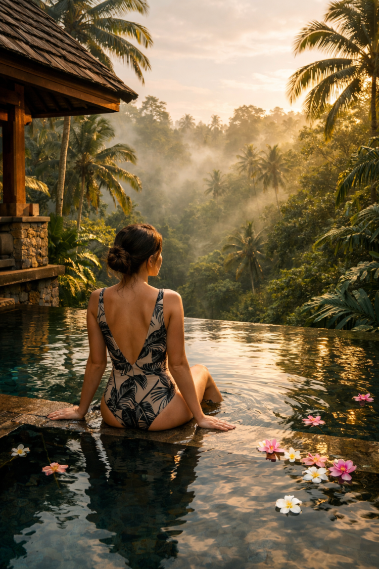 A woman in a leaf-pattern swimsuit sitting at the edge of an infinity pool surrounded by tropical palm trees and flowers during sunset