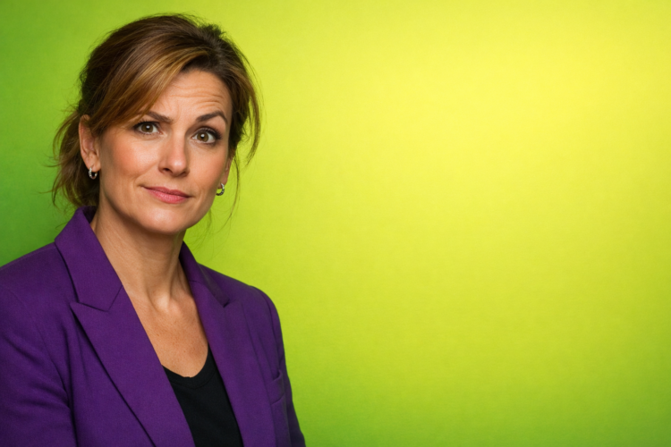 Middle-aged woman with a quizzical expression looking at the camera wearing a purple blazer and black top against a green yellow background