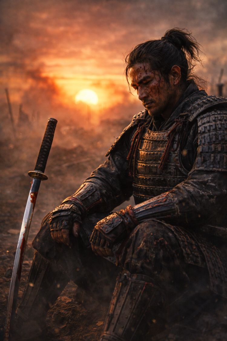 A bloodied samurai warrior sits on the ground in full armor, holding his sword upright at sunset with a smoky battlefield in the background