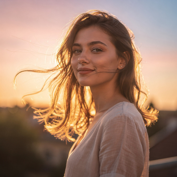 Portrait of a young woman with soft brown hair illuminated by warm golden sunset light, smiling gently outdoors