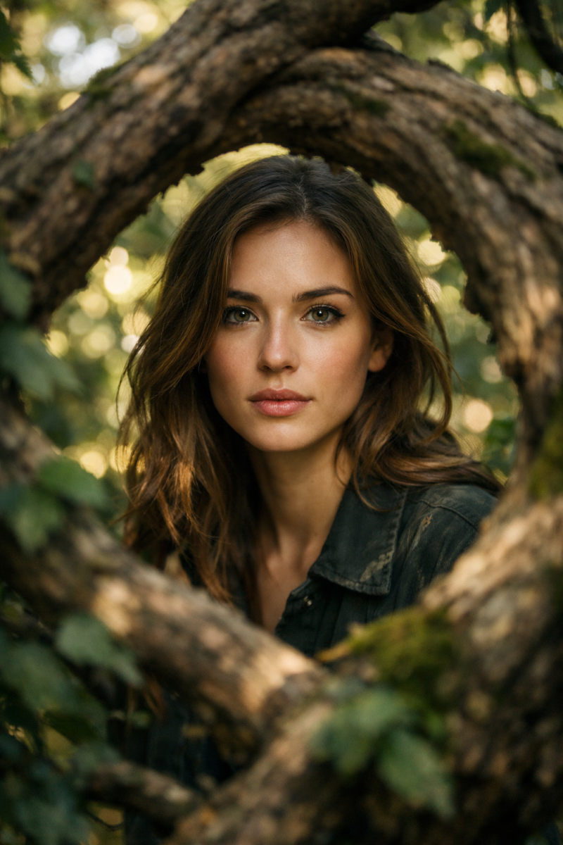 Portrait of a young woman with brown hair and green eyes framed by tree branches in a forest setting with soft natural light