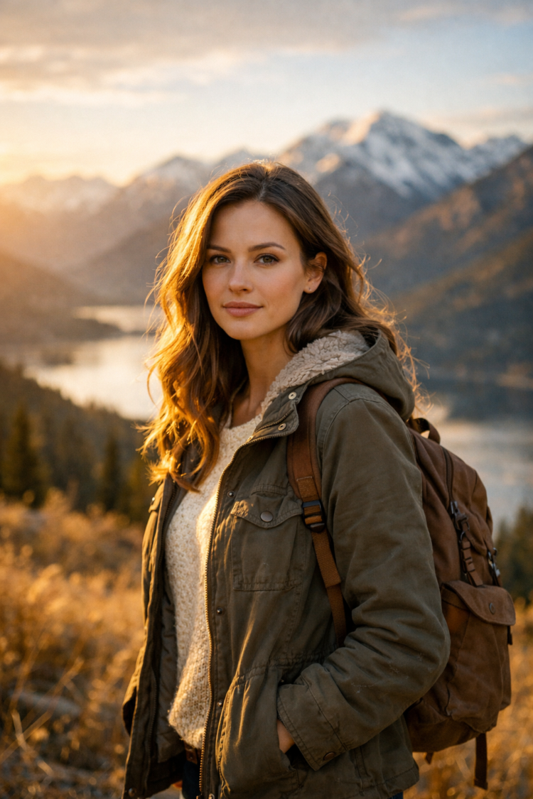 Young woman in warm jacket and backpack standing outdoors with mountains and lake in the background at sunset