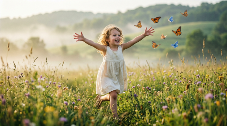 A happy young girl in a white dress runs joyfully through a meadow filled with wildflowers and butterflies on a misty morning
