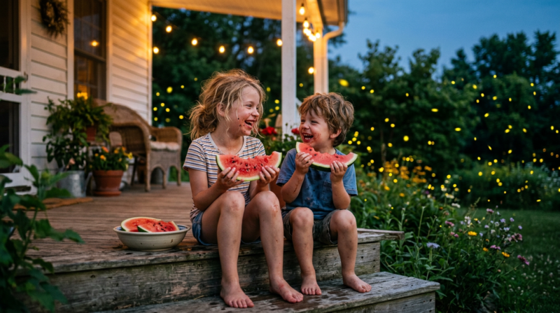 Two children sitting on wooden porch steps eating watermelon slices joyfully during evening with string lights and fireflies