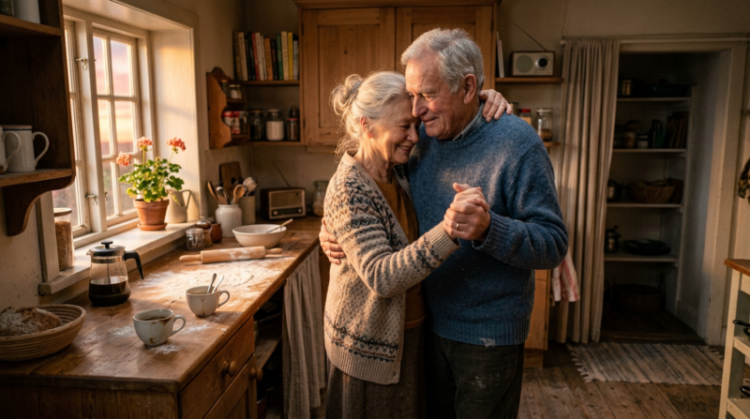 An elderly couple warmly embraces and dances in a rustic kitchen filled with wooden furniture and natural light