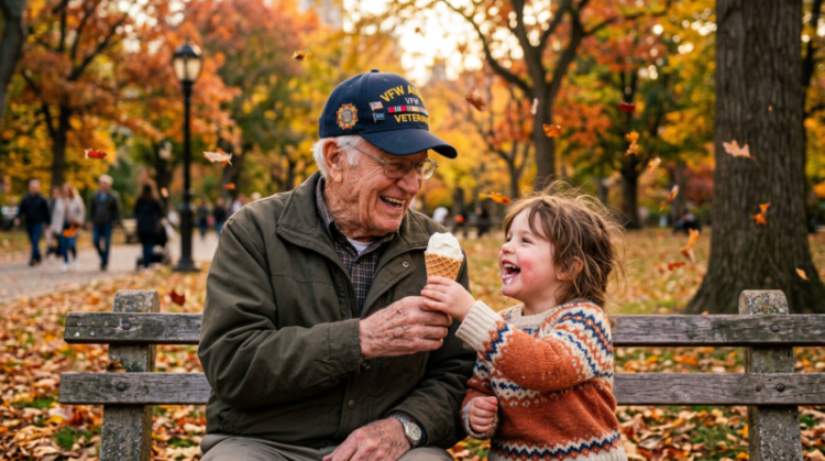 Elderly man wearing a veteran cap enjoying ice cream with a laughing young child on a park bench in autumn