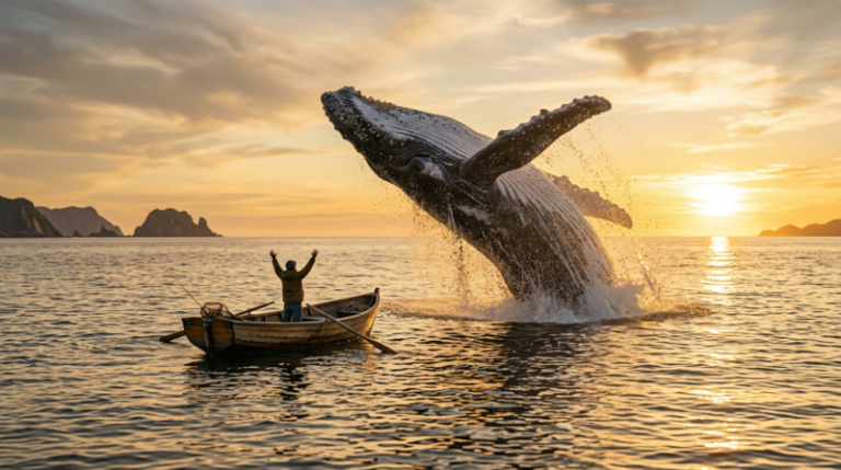 Humpback whale breaching the ocean near a fisherman in a wooden boat at sunset, with mountains in the background