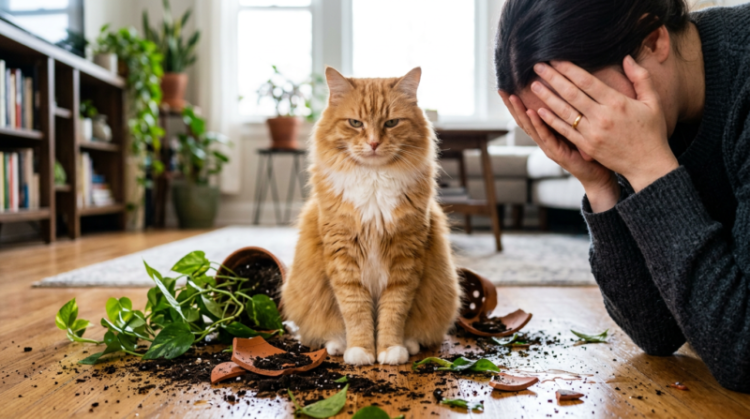 Guilty cat mess - Orange tabby cat sitting calmly among broken clay pot and spilled soil on wooden floor with woman covering her face in frustration