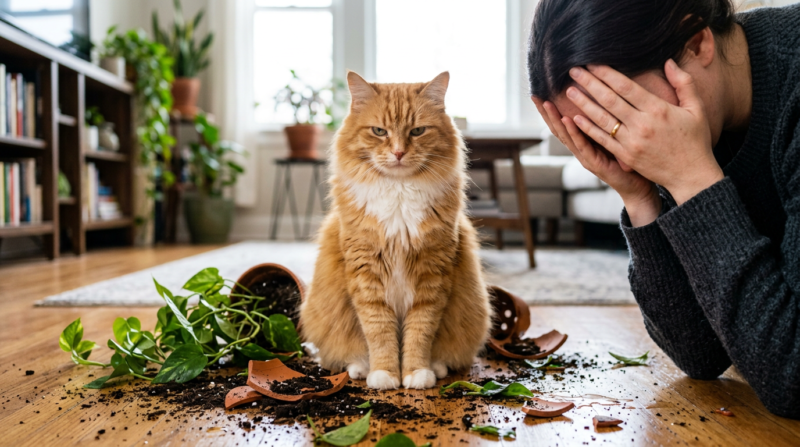 Guilty cat mess - Orange tabby cat sitting calmly among broken clay pot and spilled soil on wooden floor with woman covering her face in frustration