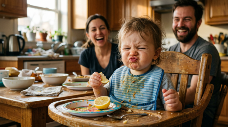 Toddler making a funny face while tasting a lemon in high chair as parents laugh in kitchen