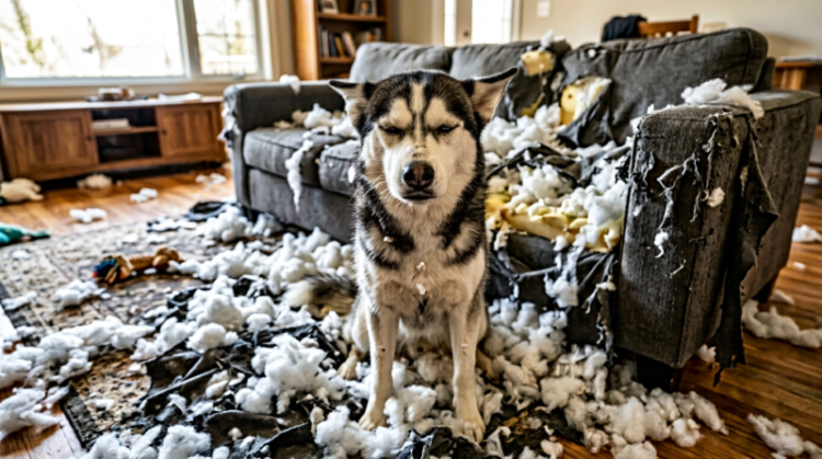 A husky dog sitting amidst torn couch cushions and stuffing scattered all over a living room floor, looking guilty with eyes closed