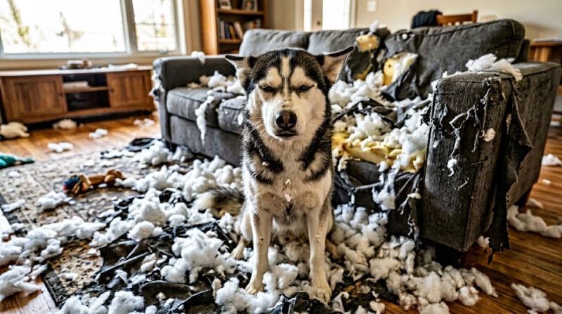 A husky dog sitting amidst torn couch cushions and stuffing scattered all over a living room floor, looking guilty with eyes closed
