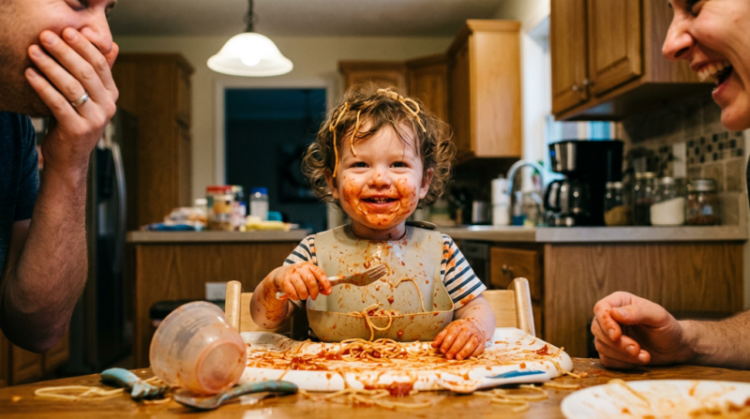 Smiling toddler covered in spaghetti sauce sitting in a high chair at a kitchen table, enjoying a messy spaghetti meal with family