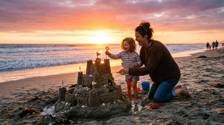 A happy mother and child build a sandcastle together on a beach with a colorful sunset and ocean waves in the background