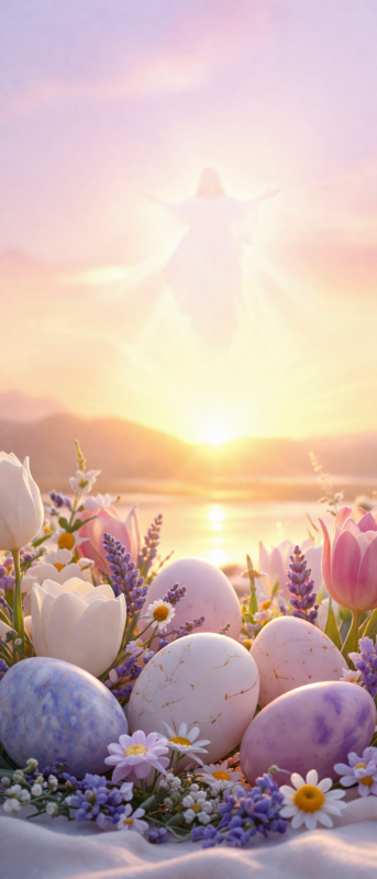 A serene Easter scene featuring pastel-painted eggs nestled among spring flowers with a radiant sunrise and a faint figure in the sky