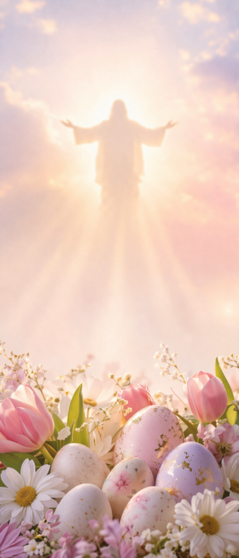 Radiant heavenly silhouette with light rays above pastel decorated Easter eggs and spring flowers like daisies and tulips