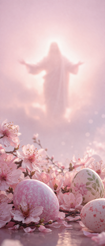 Soft-focused radiant image surrounded by pink blossoms and decorated Easter eggs in a delicate spring scene