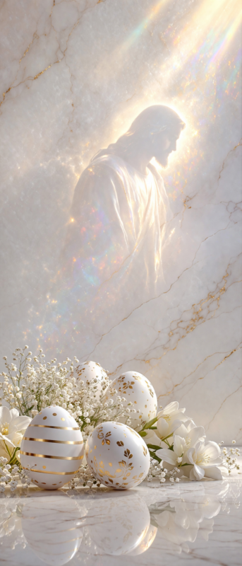 Glowing silhouette of Jesus with light rays shining over elegant white and gold Easter eggs and flowers on a marble surface